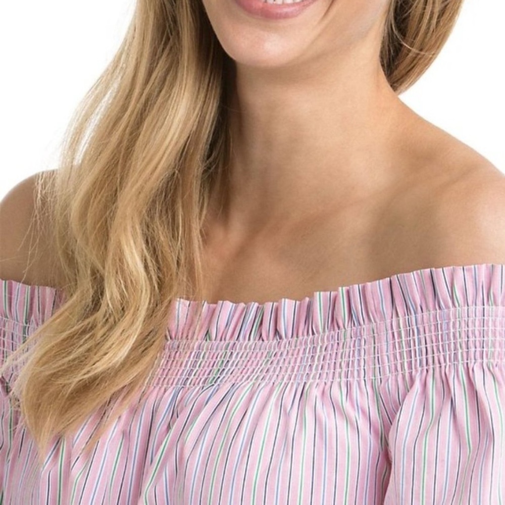 Vineyard Vines Striped Off the Shoulder Dress Medium Pink Shirred Coastal Resort - Picture 2 of 11